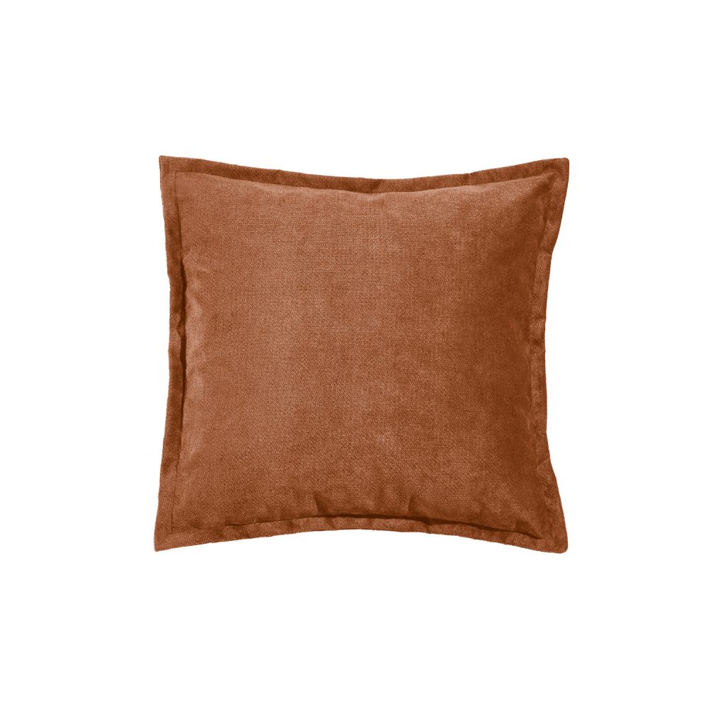 Almofada quadrada com capa de tecido laranja uniforme, de textura macia e design minimalista, sem padrões ou decorações.