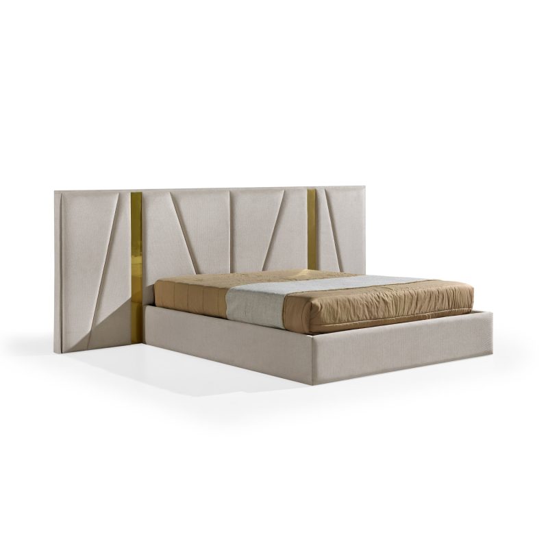 Cama de Casal estofada em branco com Painéis Laterais em Dourado