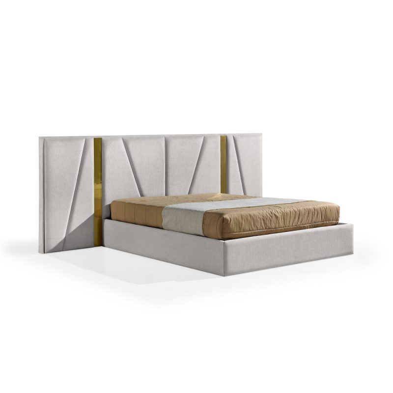 Cama de Casal estofada em branco com Painéis Laterais em Dourado