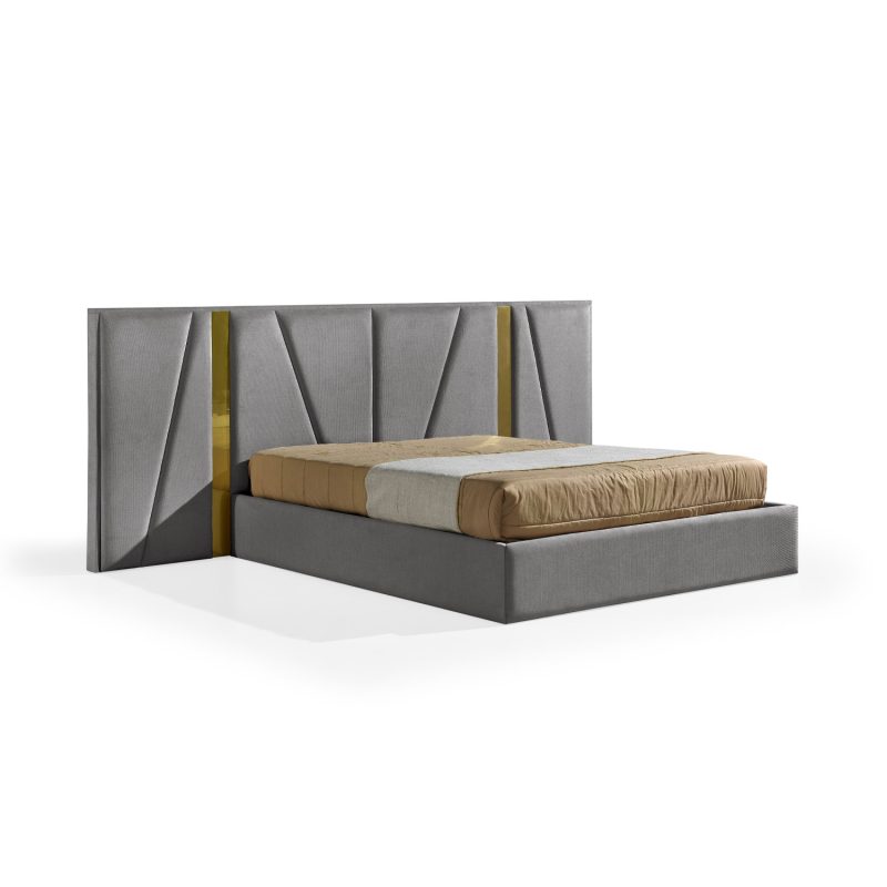 Cama de Casal estofada em cinza com Painéis Laterais em Dourado