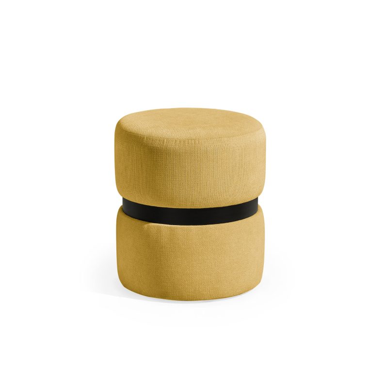 Puff estofado em amarelo com faixa central em preto