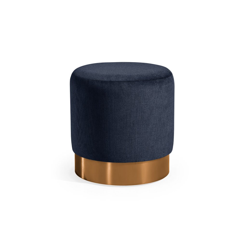 Puff estofado em azul com base em cor cobre