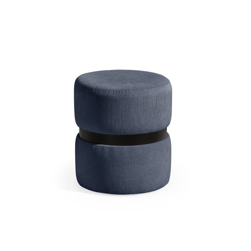 Puff estofado em azul com faixa central em preto