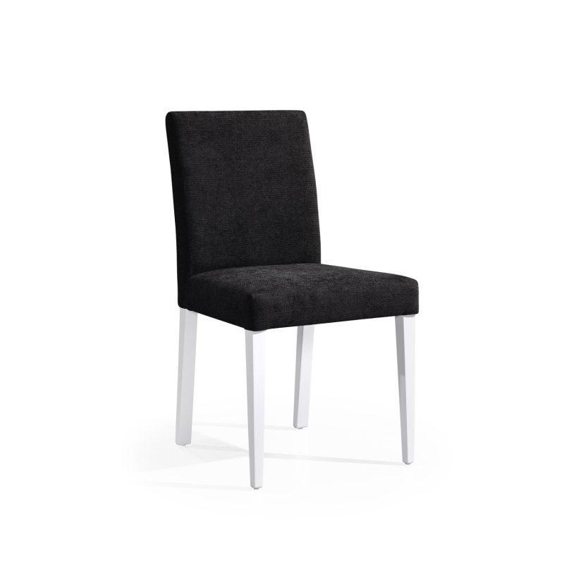 Cadeira estofada em preto com pés em branco
