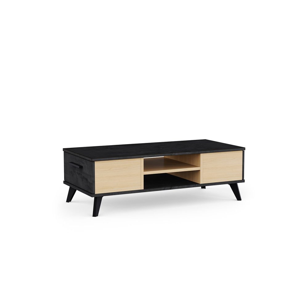Mesa de centro Kent em preto e carvalho, com duas gavetas ou portas laterais e um compartimento central aberto com prateleira, sobre fundo branco.