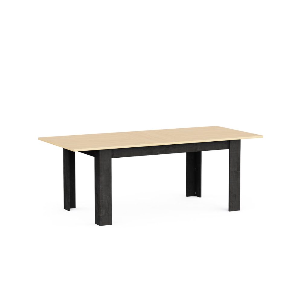 Mesa de jantar extensível Kent com pés pretos e tampo em carvalho claro, com design retangular moderno, sobre fundo branco.