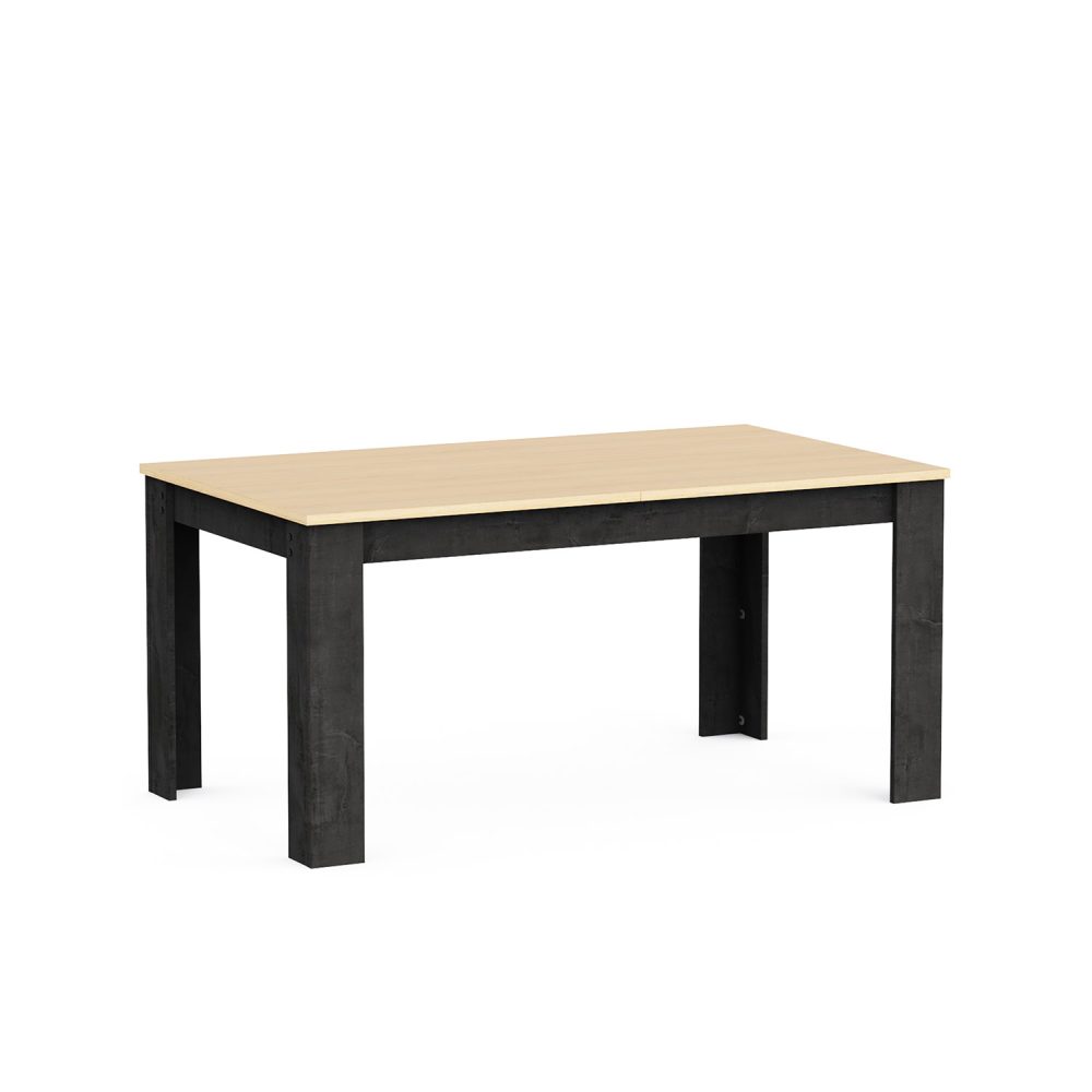 Mesa de jantar extensível Kent com pés pretos e tampo em carvalho claro, com design retangular moderno, sobre fundo branco.