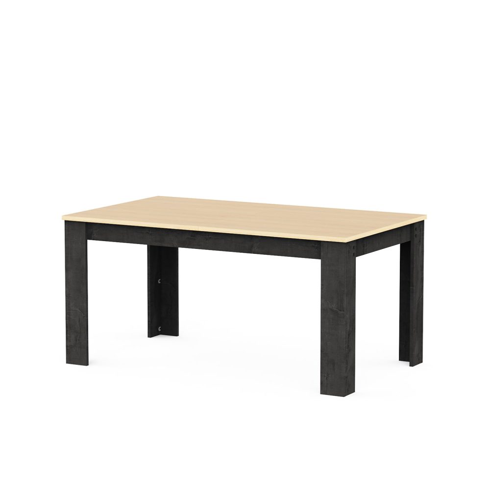 Mesa de jantar extensível Kent com pés pretos e tampo em carvalho claro, com design retangular moderno, sobre fundo branco.