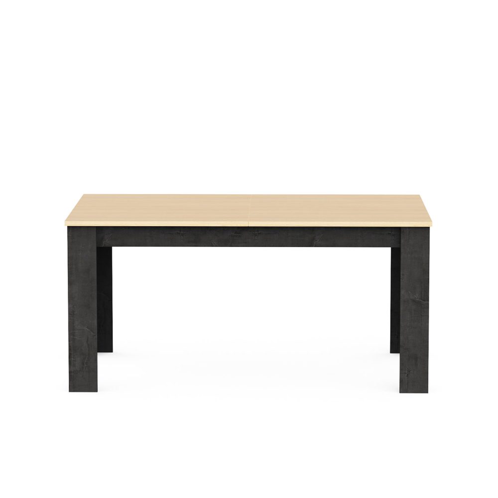 Mesa de jantar extensível Kent com pés pretos e tampo em carvalho claro, com design retangular moderno, sobre fundo branco.