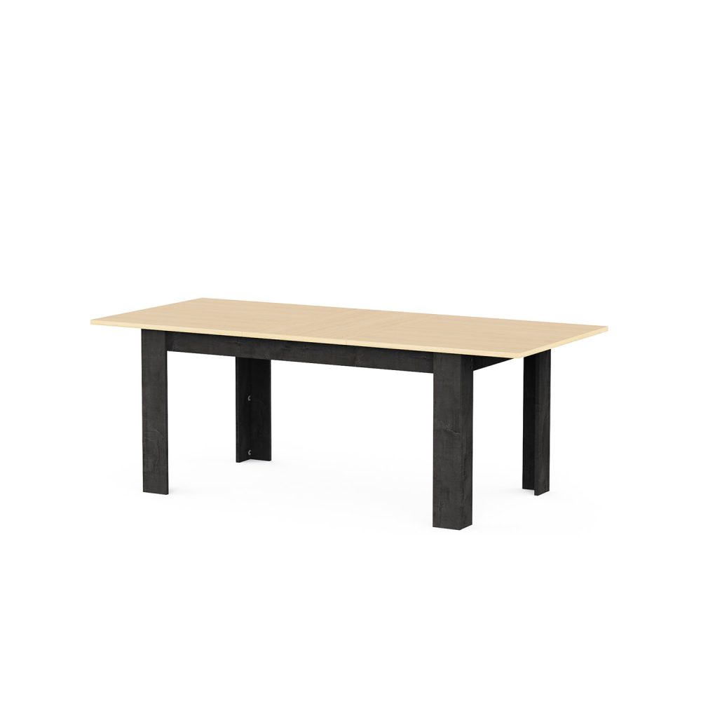Mesa de jantar extensível Kent com pés pretos e tampo em carvalho claro, com design retangular moderno, sobre fundo branco.