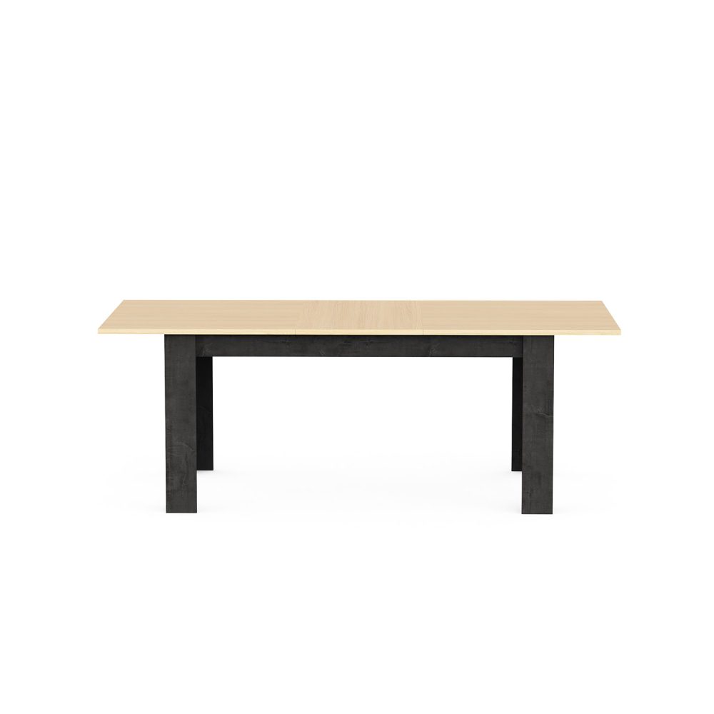 Mesa de jantar extensível Kent com pés pretos e tampo em carvalho claro, com design retangular moderno, sobre fundo branco.