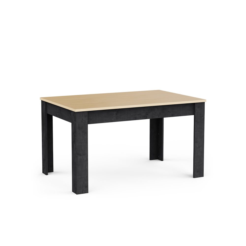 Mesa de jantar Kent com pés pretos e tampo em carvalho claro, com design retangular moderno, sobre fundo branco.