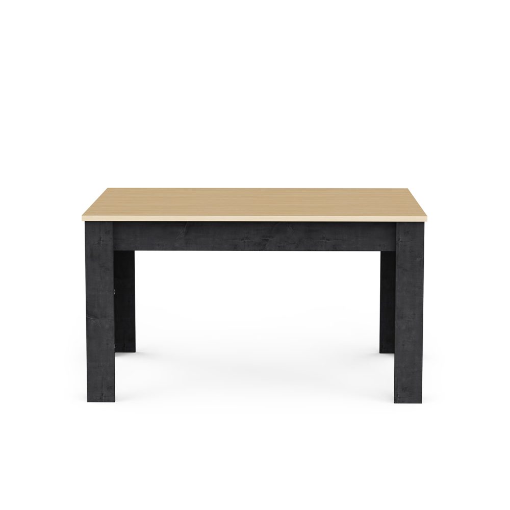 Mesa de jantar Kent com pés pretos e tampo em carvalho claro, com design retangular moderno, sobre fundo branco.