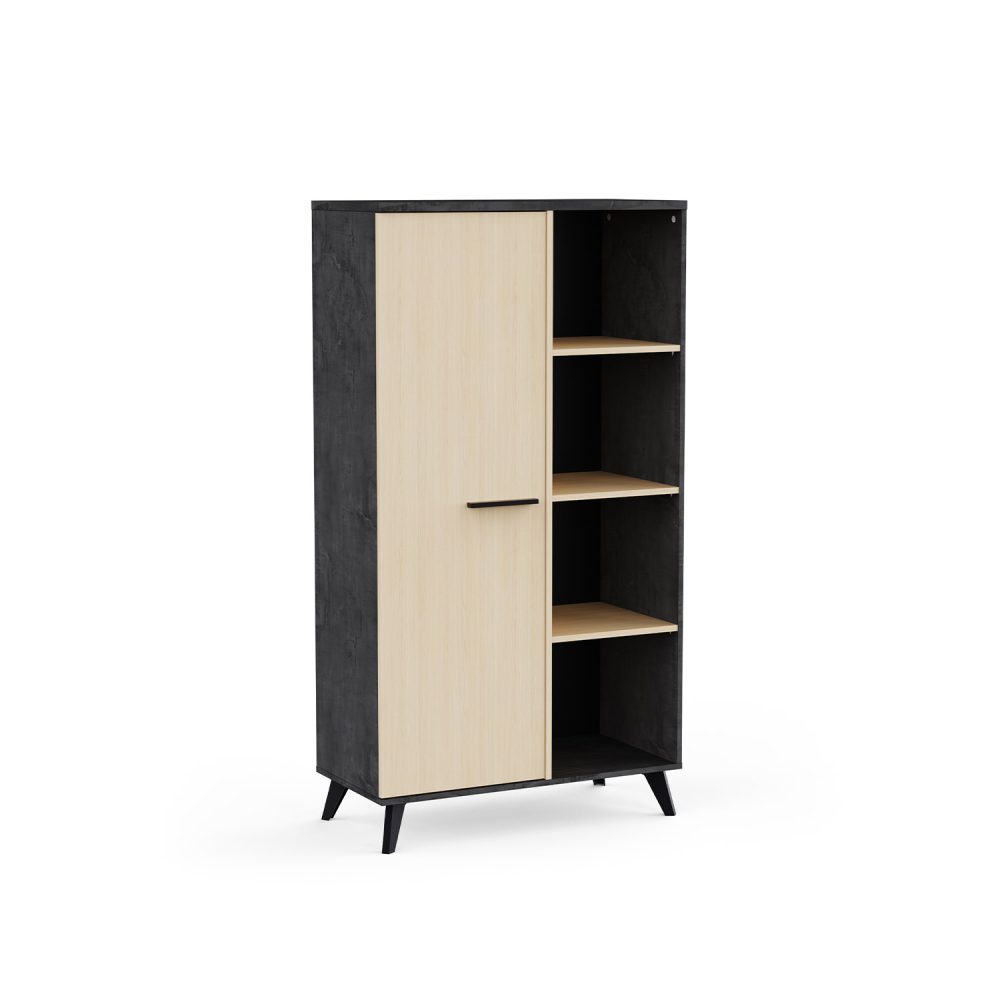 Móvel de apoio Kent em preto e carvalho, com uma porta lateral e prateleiras abertas, design moderno, sobre fundo branco.