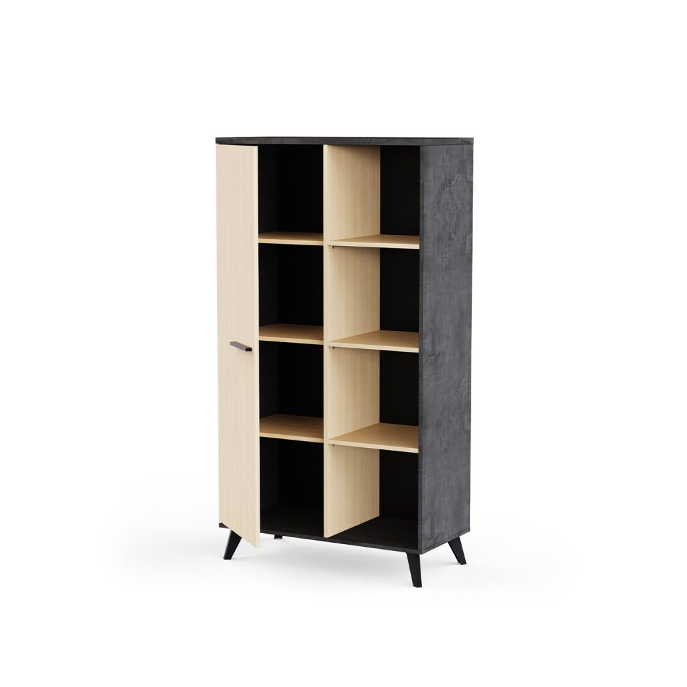 Móvel de apoio Kent em preto e carvalho, com uma porta lateral e prateleiras abertas, design moderno, sobre fundo branco.