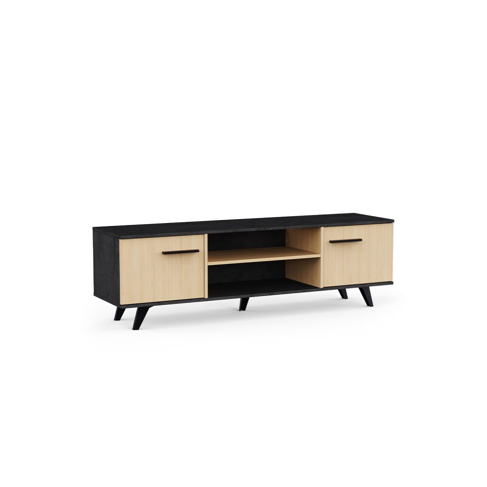Móvel de TV Kent com duas portas e prateleiras, em carvalho e preto, com design moderno e pernas escuras, sobre fundo branco.