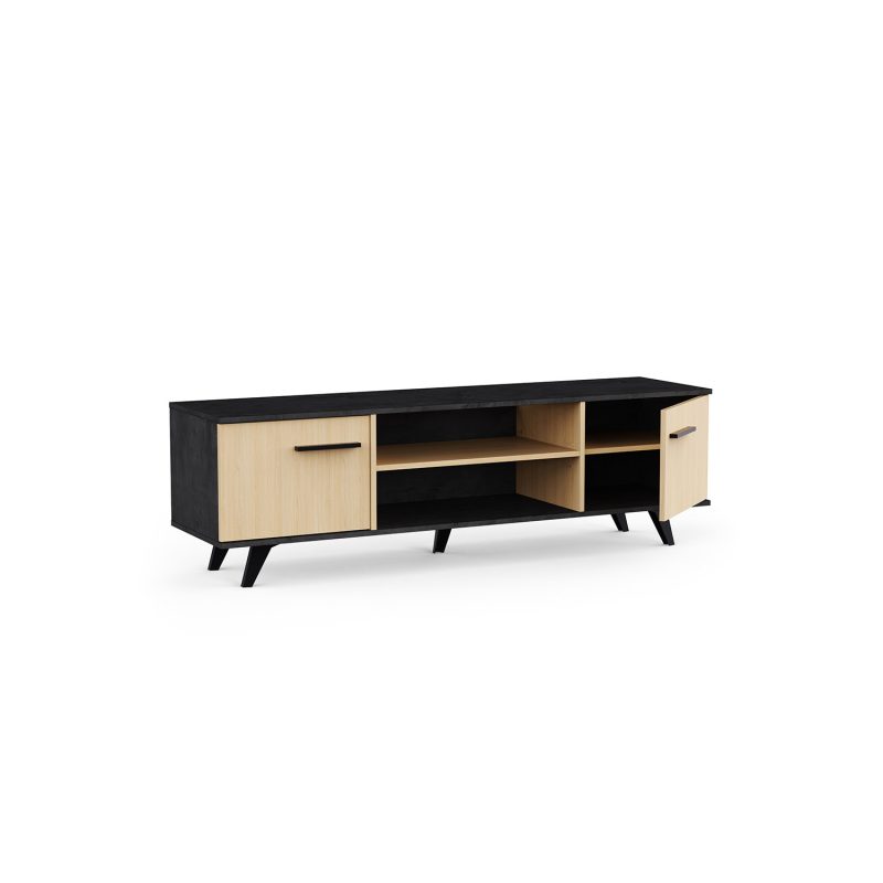 Móvel de TV Kent com duas portas e prateleiras, em carvalho e preto, com design moderno e pernas escuras, sobre fundo branco.